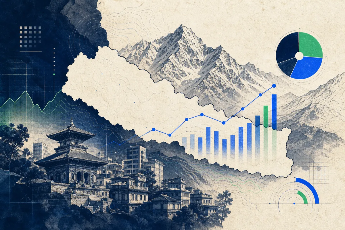 Editorial illustration of Nepal with search demand charts and digital market signals
