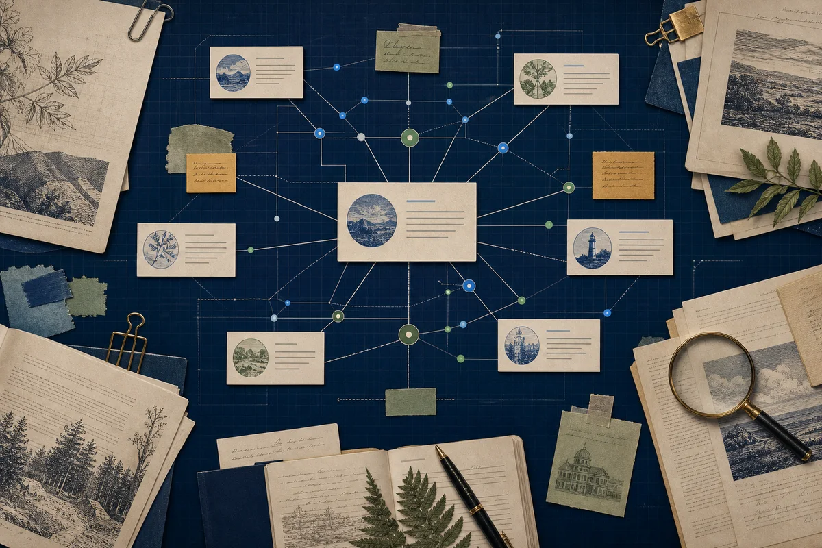 Editorial visualization of connected topics, content briefs and authority building across a search network