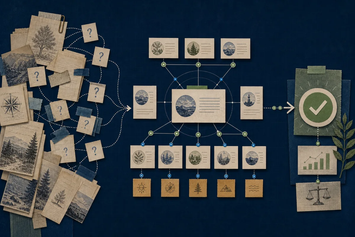 Editorial collage showing disconnected content becoming an organized topical authority system