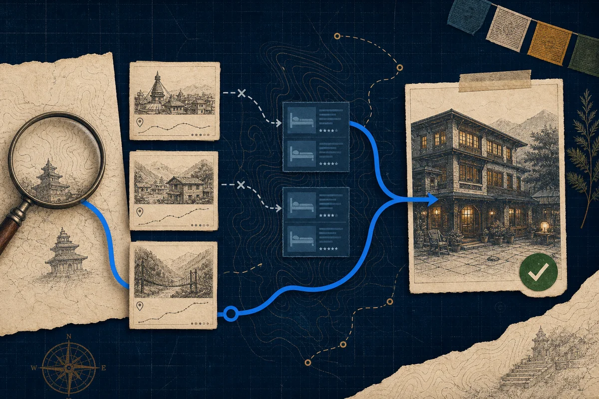 Editorial visualization of destination searches leading travelers to direct hotel bookings in Nepal
