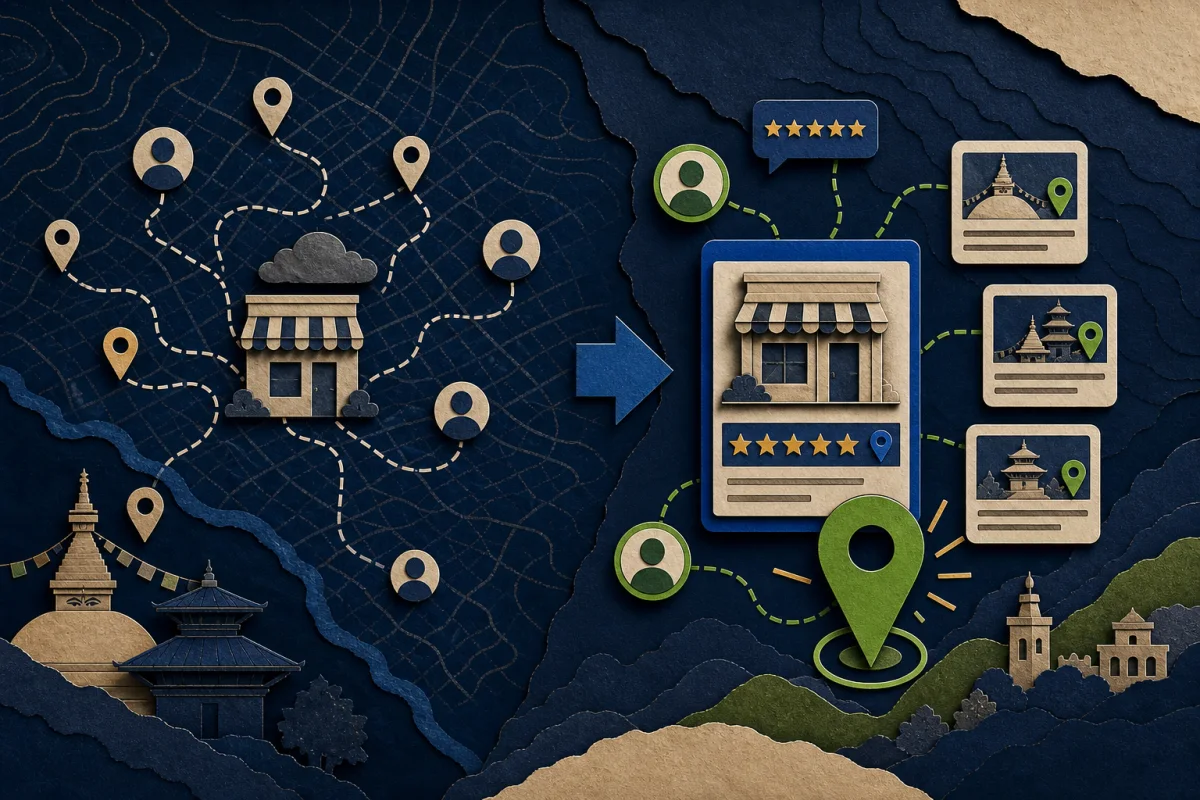 Editorial collage showing local patient searches connecting to a visible and trusted Nepal healthcare provider