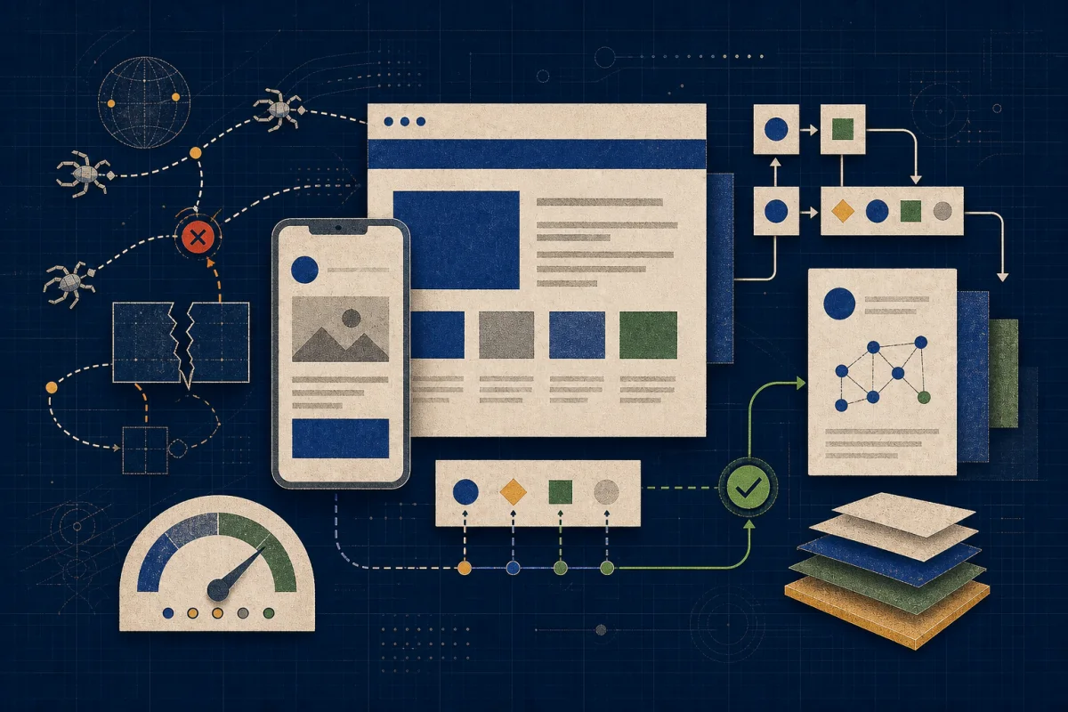 Editorial collage showing technical website problems becoming a prioritized SEO repair plan