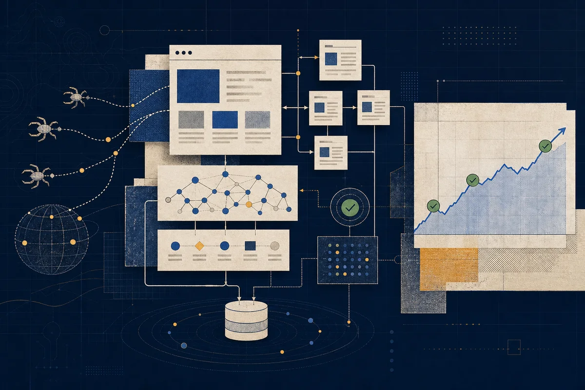 Editorial visualization of website architecture, crawl paths, structured data and search performance signals